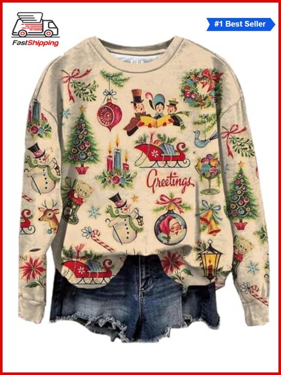 Sweaters - 🎅 Women Christmas Cartoon Print Crew Neck Long Sleeve Lightweight Sweatshirt